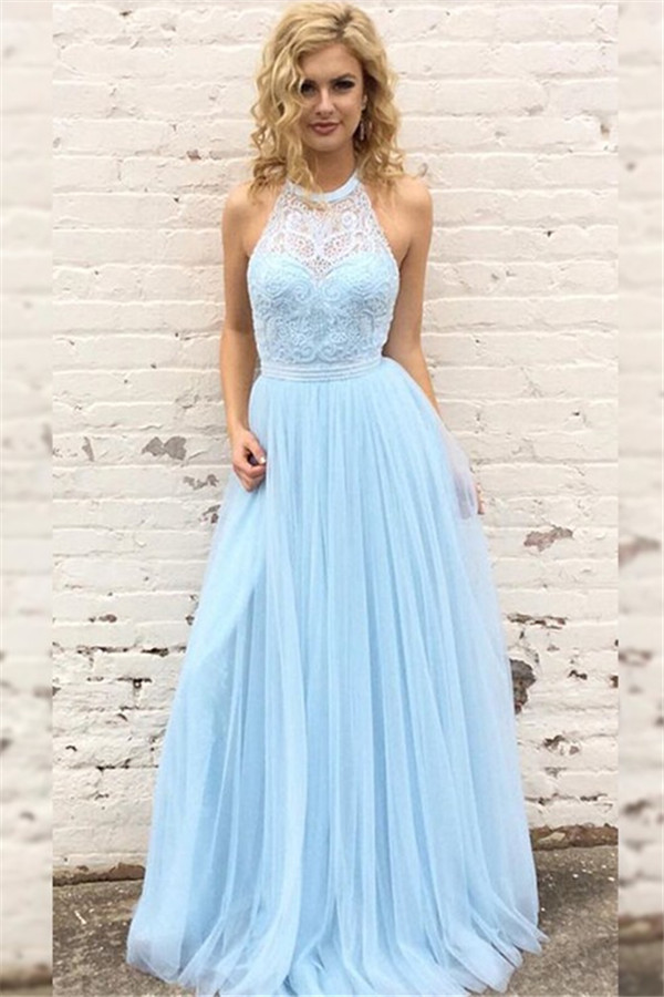 Chic Lace Halter Prom Dresses Sleeveless Tulle Sexy Evening Dresses with Belt Cheap