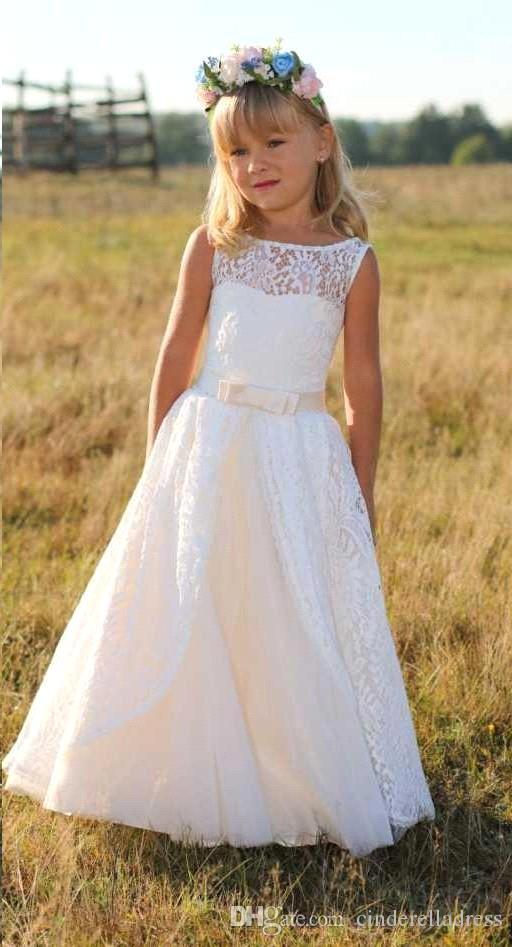 Jewel Cute Lace White Cheap Flower Girl Dresses with Sash