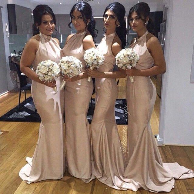 High Neck Satin Mermaid Bridesmaid Dresses Long Halter Neck Maid of Honor Dresses