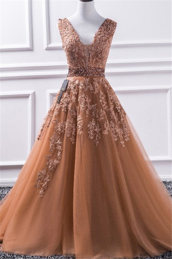 Chic V-Neck Applique Crystal Prom Dresses Sleeveless Tulle Sexy Evening Dresses Cheap