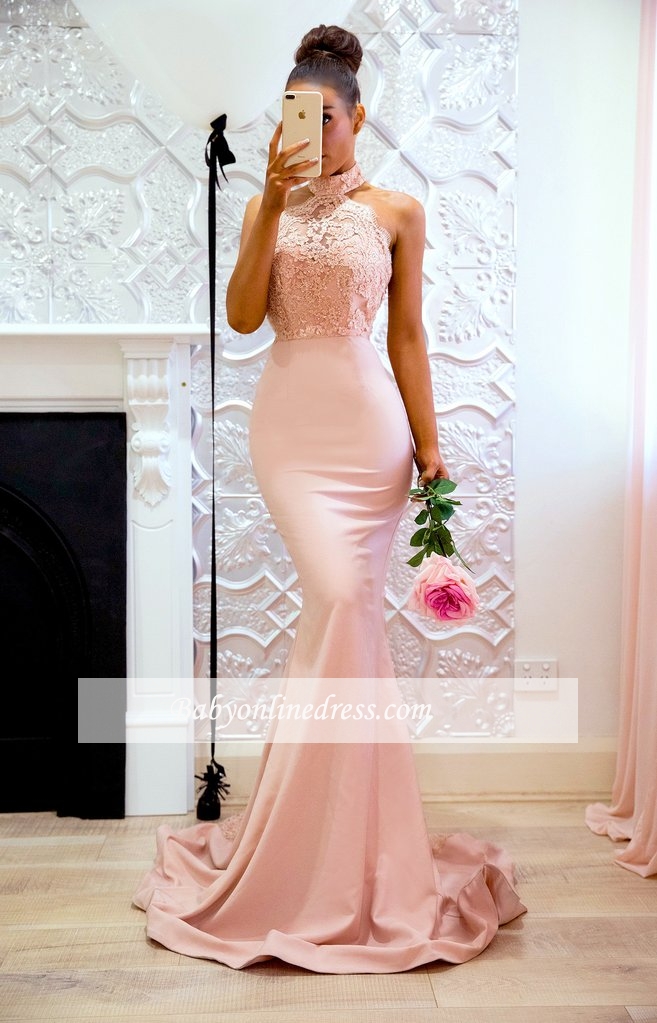 Elegant Pink Mermaid Bridesmaid Dresses | High Neck Lace Formal Dresses