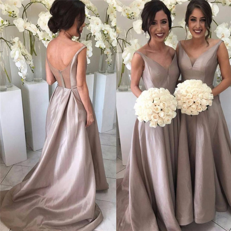 Stretch-Satin Simple V-neck Sleeveless Sheer-Tulle Open-Back Bridesmaid Dress