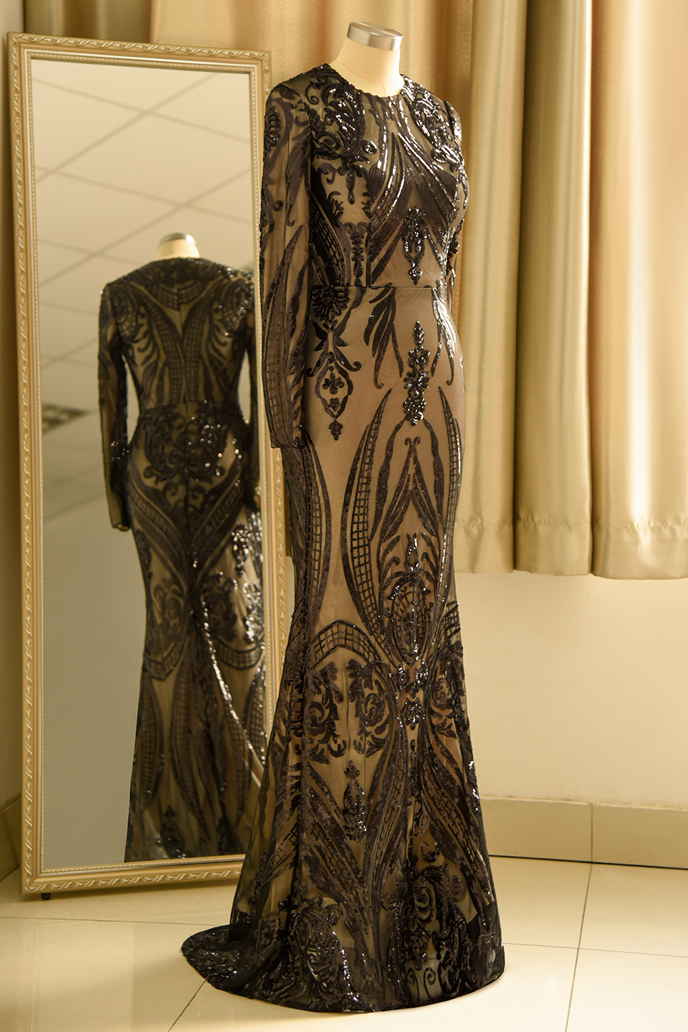 Jewel Long Sleeves Black Prom Dresses with Detachable Overskirt