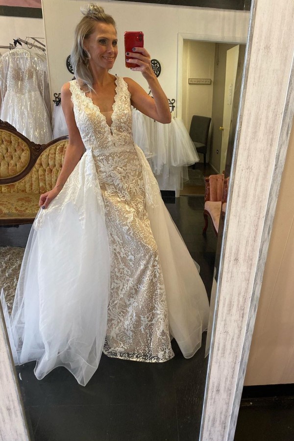 Unique Straps Plunging V Neckline Floor Length Lace Column Detachable Skirt Overlay Wedding Dress