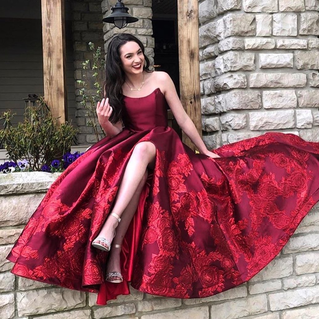 Sexy Strapless Backless Print Satin A-Line Ruffles Evening Dress With Side Slit