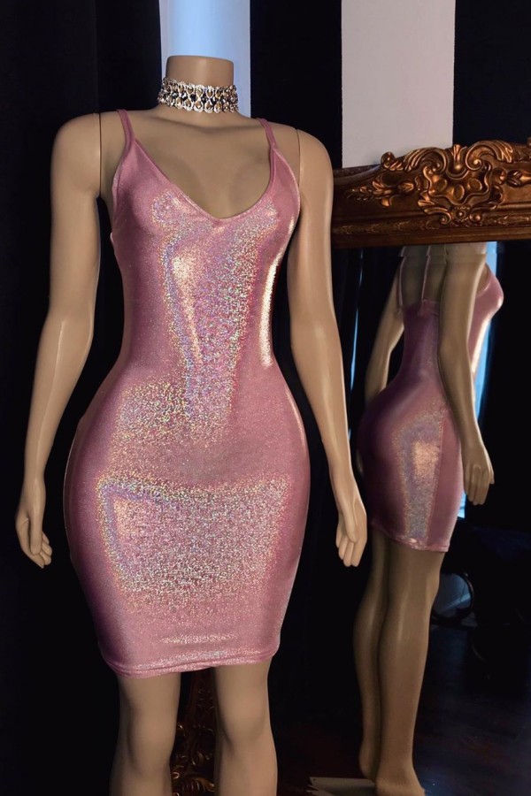 Spaghetti Straps V-neck Cute Pink Sheath Homecoming Dresses