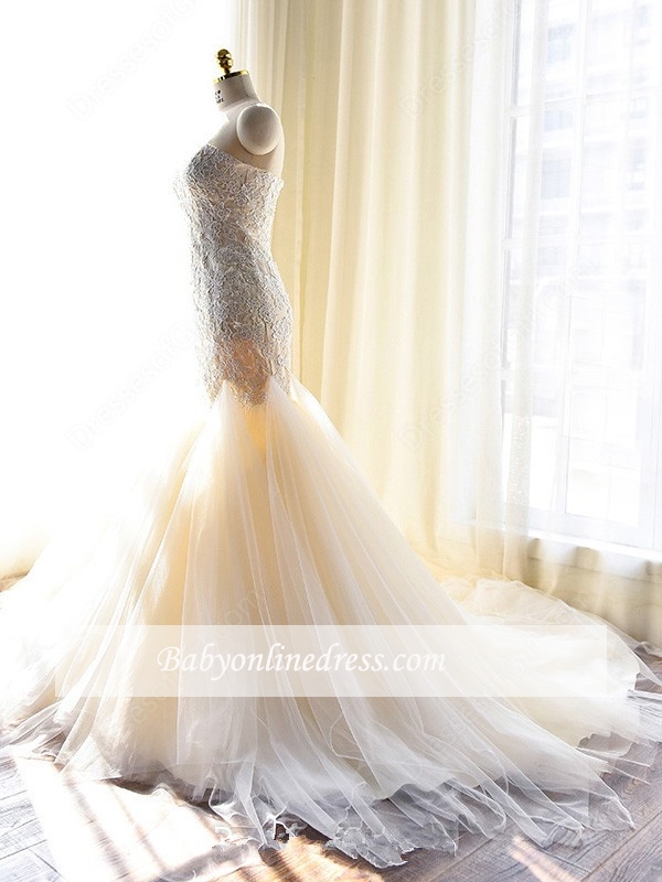 Gorgeous Lace Appliques Tulle Sweetheart Mermaid Wedding Dress