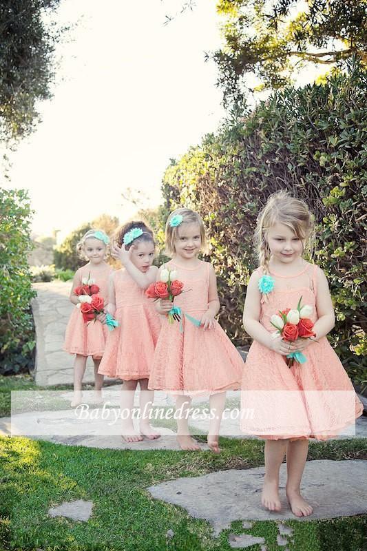 Modern White Illusion Sleeveless Lace Knee length A-line Flower-Girl Dress