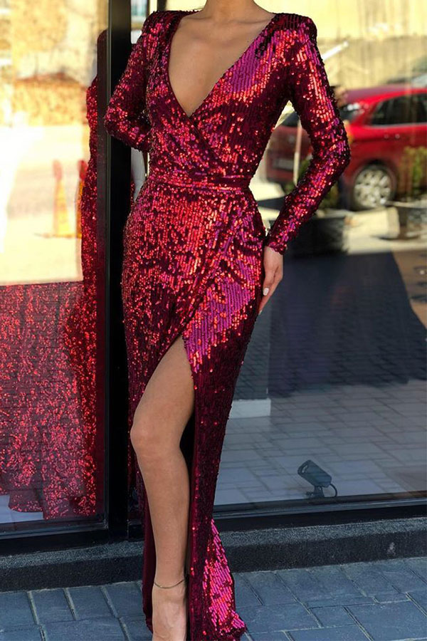 Elegant Long Sleeves V-neck High Slit Long Burgundy Formal Prom Dresses