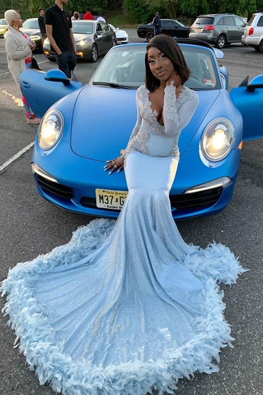 V-neck Appliques Mermaid Feather Prom Dresses with Train with Long Sleeves