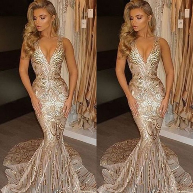 V-neck Mermaid Sleeveless Champagne Sexy Sequins Deep Gold Evening Gown