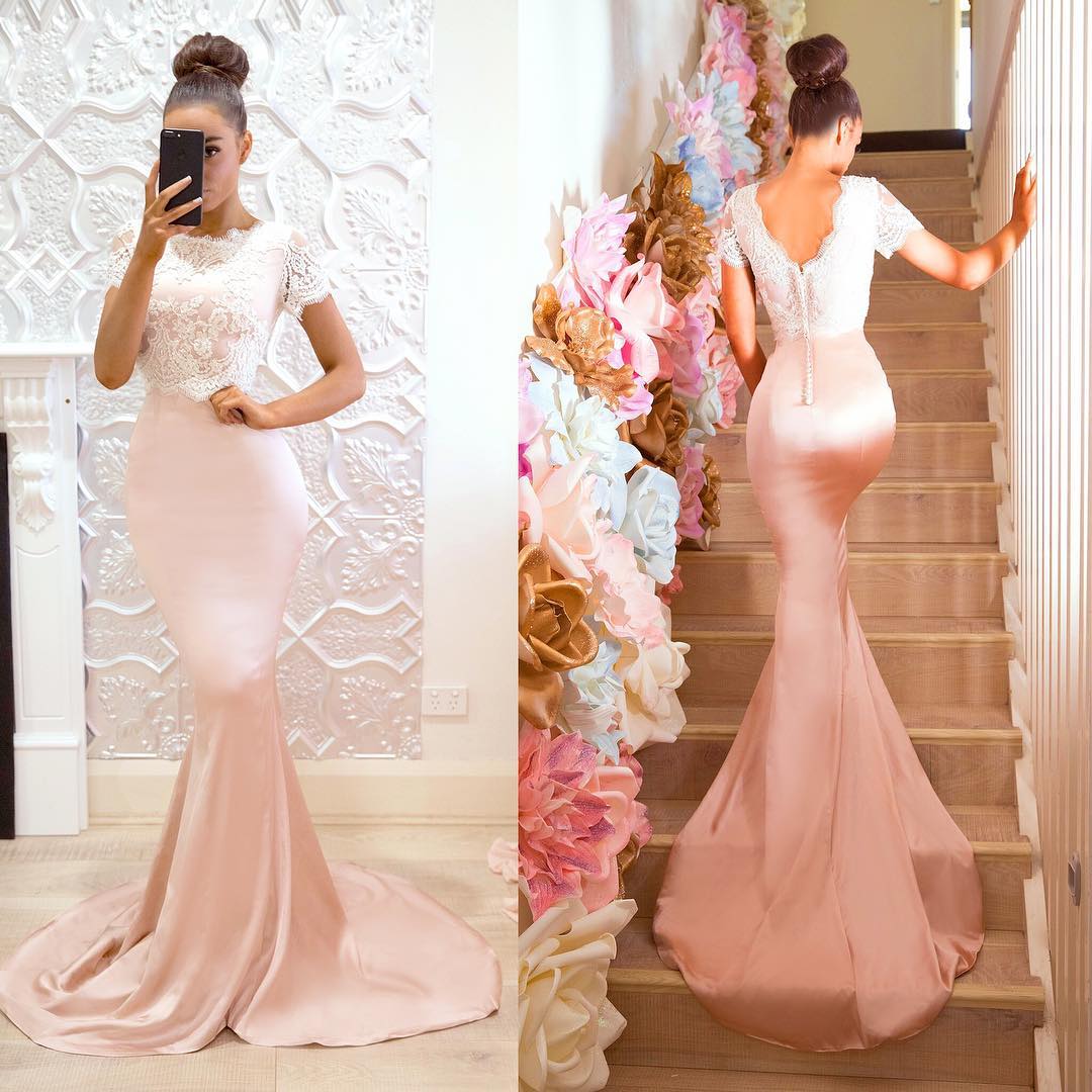 Pink Short Sleeves Bridesmaid Dresses | Lace Mermaid Maid of the Honor Dress
