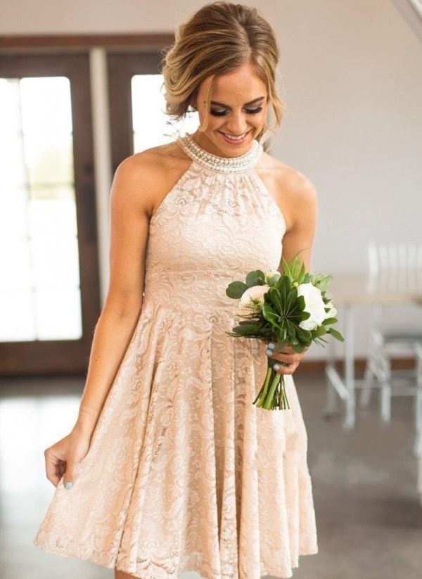 Nude Lace Short Bridesmaid Dresses | Pearls Halter Neck Maid of the Honor Dress
