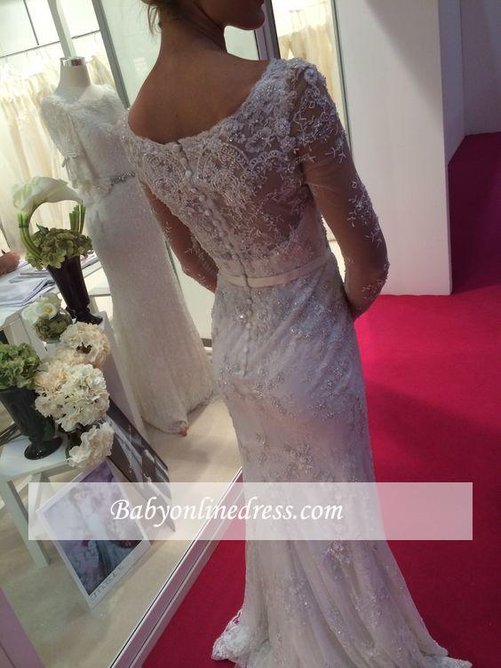 Elegant Long Sleeves Lace Crystal Appliques Mermaid Wedding Dress with Buttons