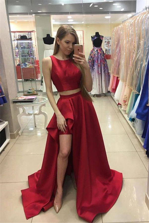 Thick Satin Two Piece jewel Prom Dresses Ruffles Side slit Mermaid Sleeveless Sexy Evening Dresses
