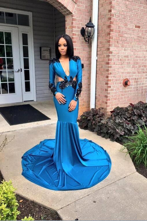 Sexy Deep V-Neck Prom Dresses | Long Sleeves Mermaid Evening Dresses