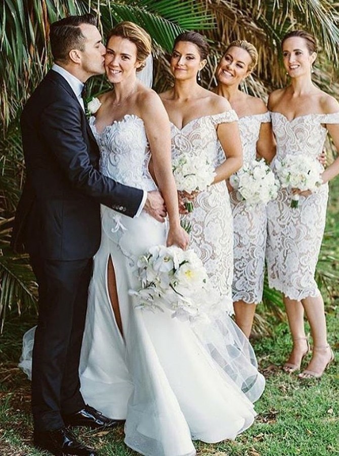 Off-the-Shoulder Bridesmaid Dresses | Lace Sheath Tea Length Maid of the Honor Dresses