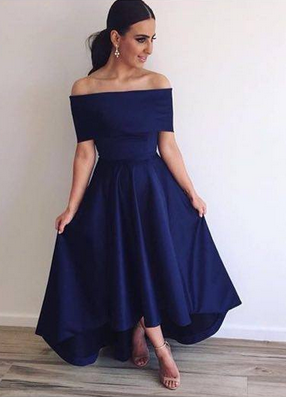 Off the Shoulder Bridesmaid Dresses Hi-Lo Blue Simple Prom Dresses