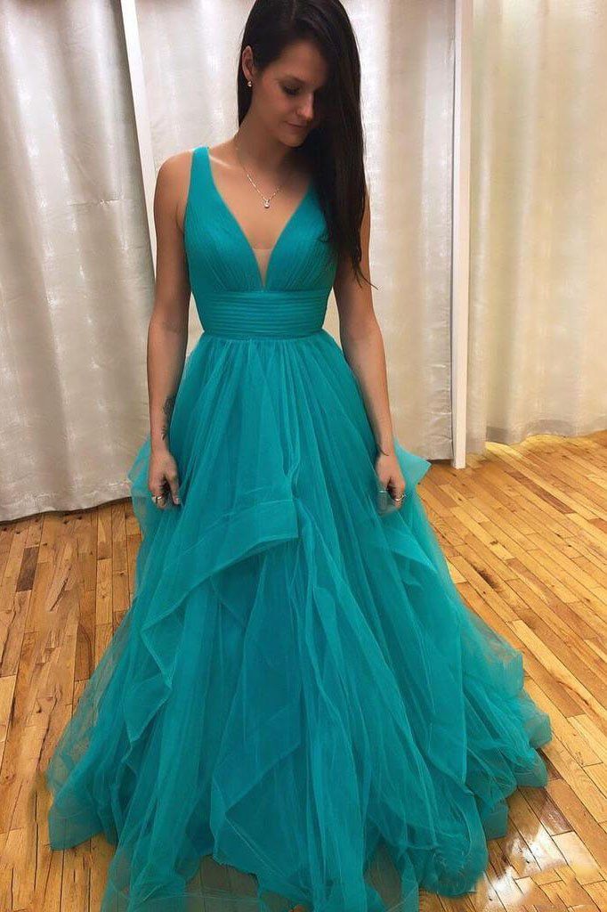 Chic Ruffles V-Neck Prom Dresses Sheer Sleeveless Sexy Evening Dresses