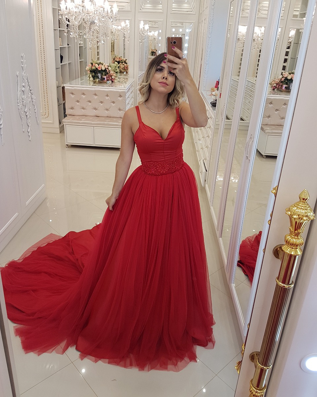 Elegant Red A-Line Prom Dresses | Spaghetti Straps Tulle Long Evening Dresses Sweep Train