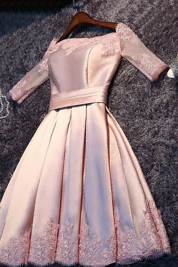Short A-Line Off-the-Shoulder Half Sleeves Sash Pink Homecoming Dresses
