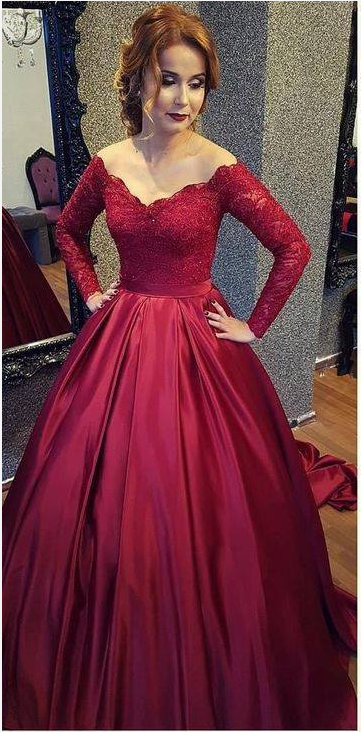 Burgundy A-line V-neck Off-shoulder Long Sleeves Lace Top Prom Dresses