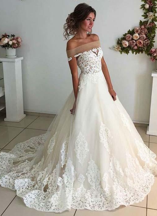Elegant Puffy Wedding Dresses | Off-the-Shoulder Lace Appliques Bridal Gowns