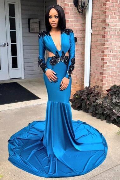 Sexy Deep V-Neck Prom Dresses | Long Sleeves Mermaid Evening Dresses
