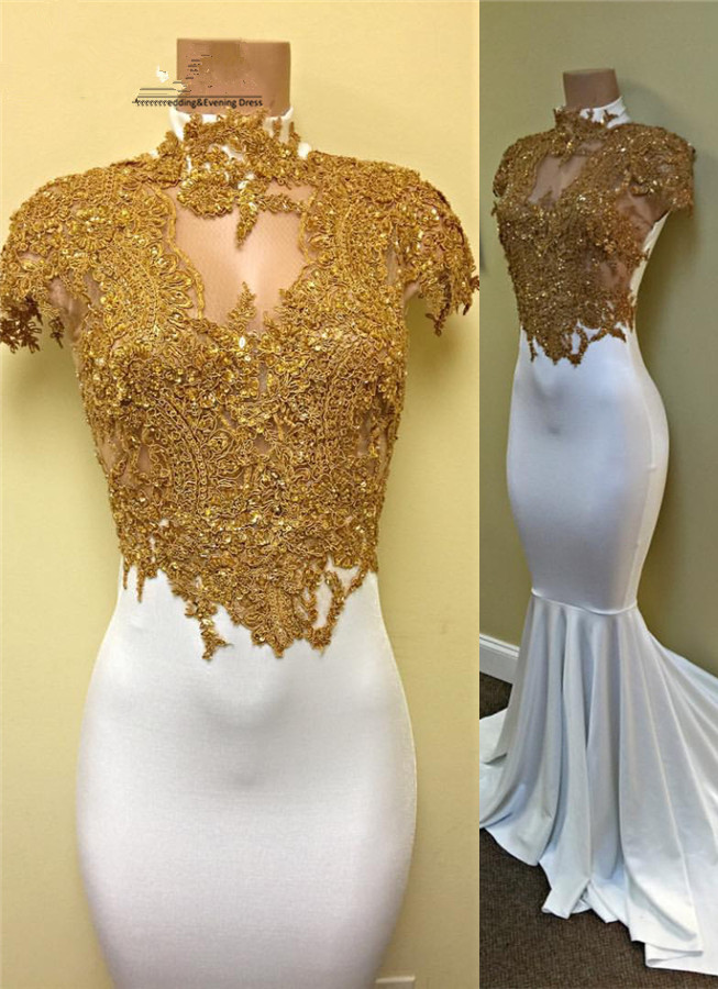 Gorgeous Mermaid Cap-Sleeve White Gold-Appliques Prom Dress