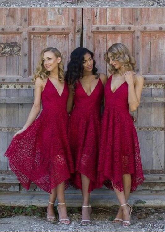 Sleeveless Tea-Length Spaghetti-Strap A-line Lace Bridesmaid Dress