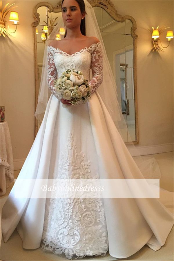 Off-the-Shoulder Newest A-Line Detachable-Train Long-Sleeves Wedding Dresses