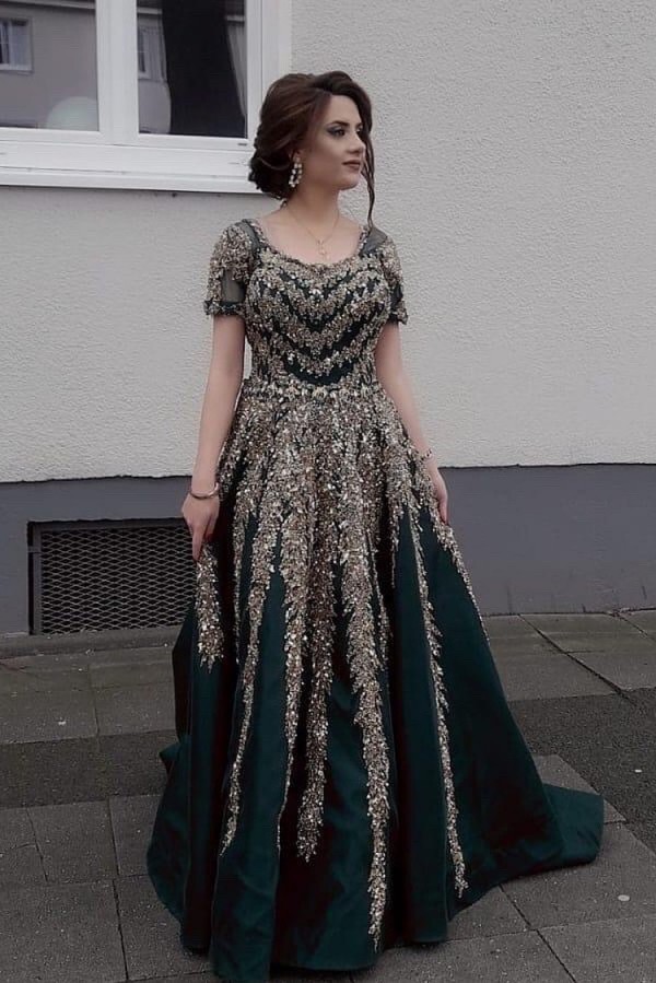 Luxury Short Sleeves Gold Crystals Satin A-Line Floor-length Prom Dress