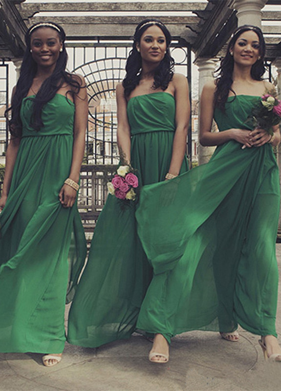 Chiffon A-line Front-Split Sleeveless Sweep-Train Sexy Strapless Bridesmaid Dress