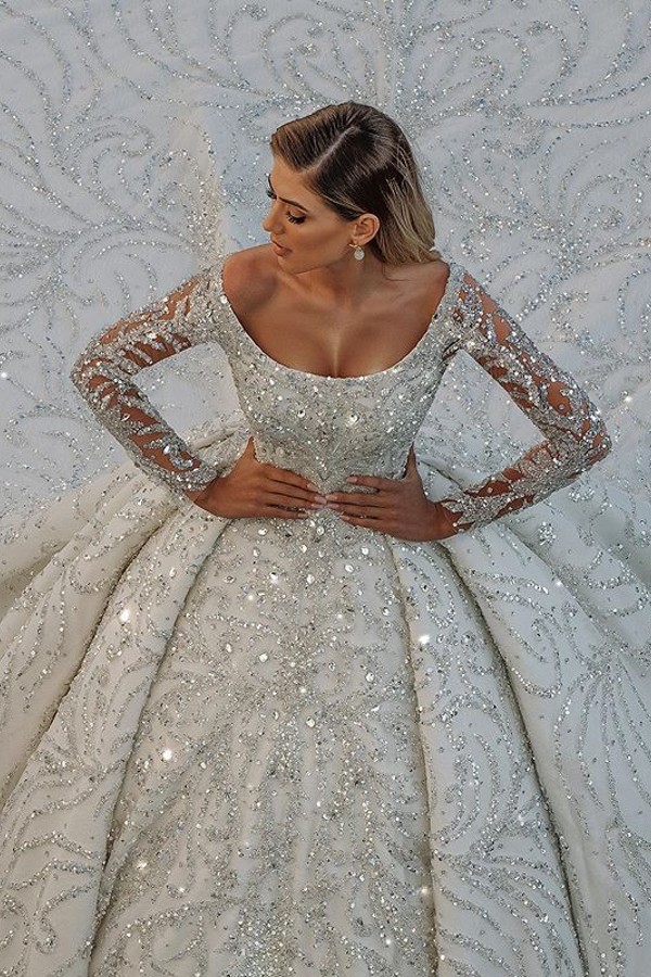 Gorgeous Long Sleeve Off The Shoulder Crystal Applique Pleated Ball Gown Wedding Dresses
