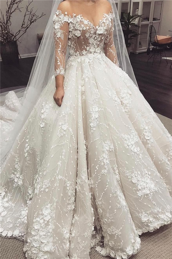 Off the Shoulder Lace Ball Gown Wedding Dresses with Half Sleeves