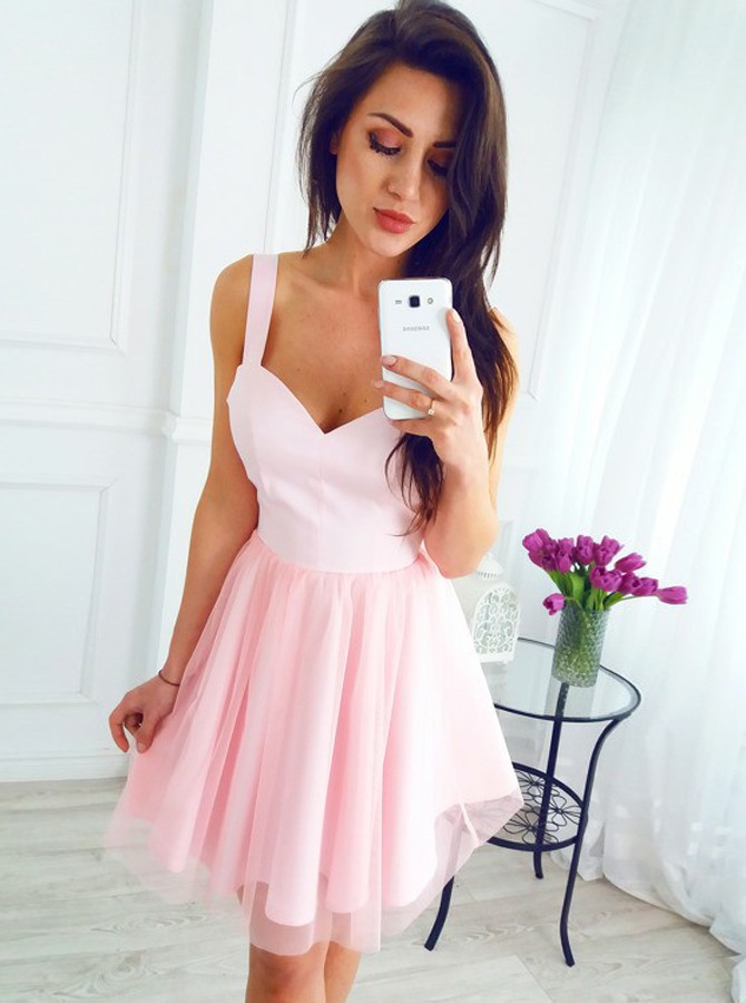 Chic Pink Tulle Short Homecoming Dresses | Straps A-Line Mini Cocktail Dresses