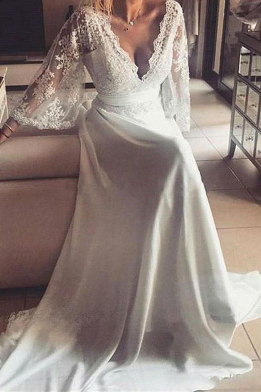 Lace A-Line V-Neck Long Sexy Wedding Dresses