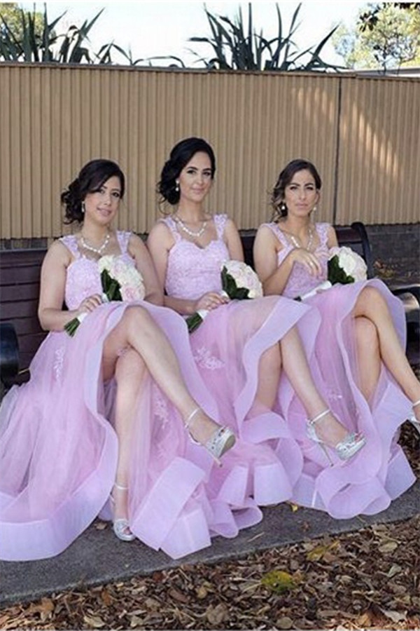 Elegant Appliques A-Line Straps Tulle Lace Bridesmaid Dresses