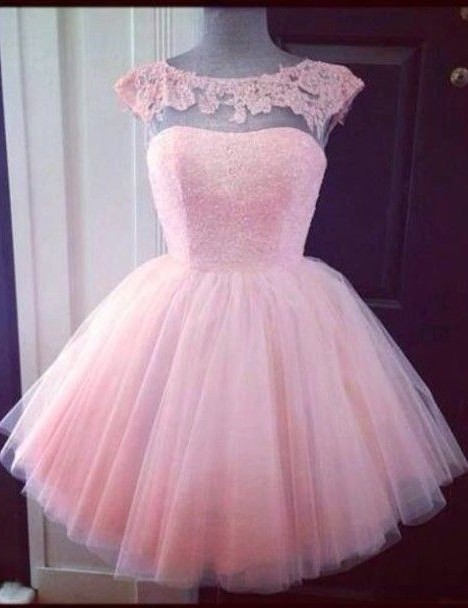 Pink Lace Tulle Short Homecoming Dresses Capped Sleeves Mini Prom Dresses
