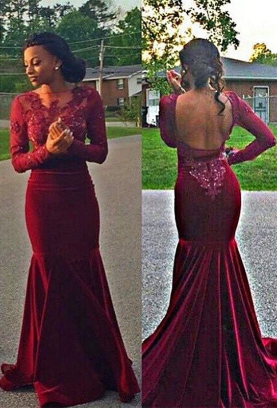 Long Sleeves Lace Prom Dresses Backless Appliques Mermaid Evening Dress