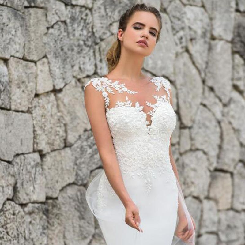 Elegant Straps Jewel Applique Crystal Fit And Flare Mermaid Wedding Dresses With Detachable Train