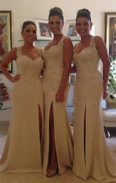 Sexy Lace Mermaid Bridesmaid Dresses Side Slit Beaded Prom Dresses with Buttons