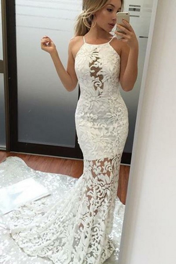 Lace White Long Mermaid Elegant Jewel Prom Dresses