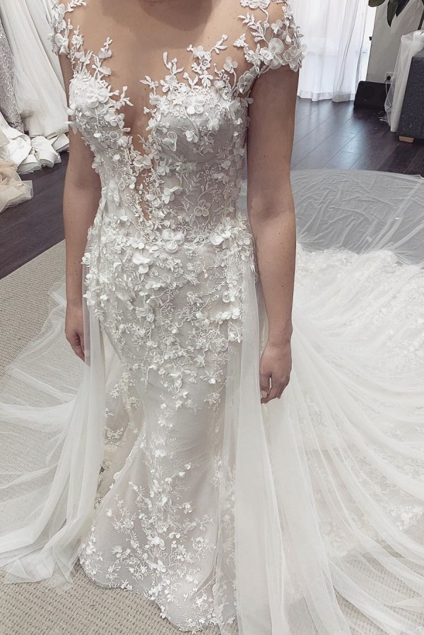 Stylish Jewel Sheer Lace Cap Sleeves Detachable Skirt Wedding Dresses