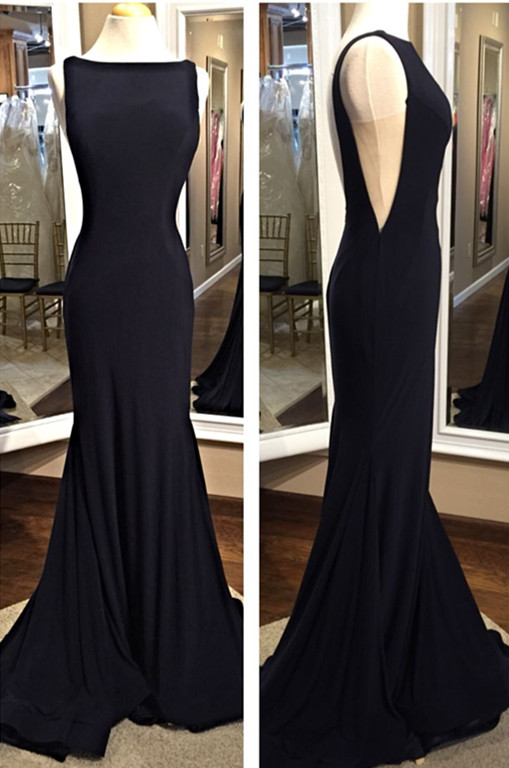 Sexy Black Sheath Prom Dress Backless Bateau evening dress