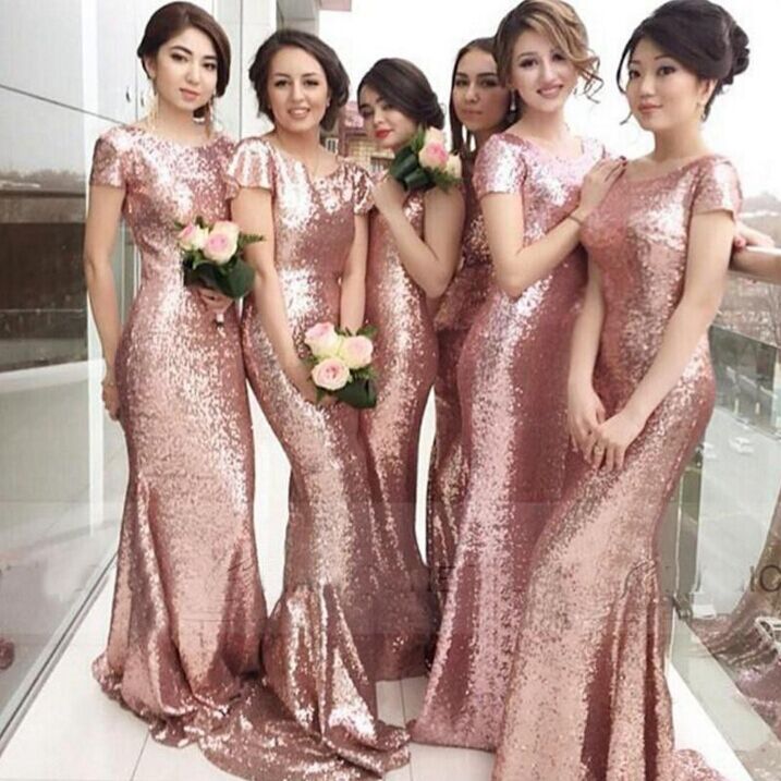 Rose Gold Mermaid Bridesmaid Dresses Short Sleeves Bling Bling Metallic Wedding Party Dresses