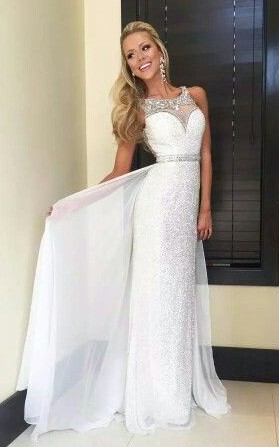 Sequins Sheath Prom Dresses Crystals Beaded with Overskirts Gorgeous Evening Gowns