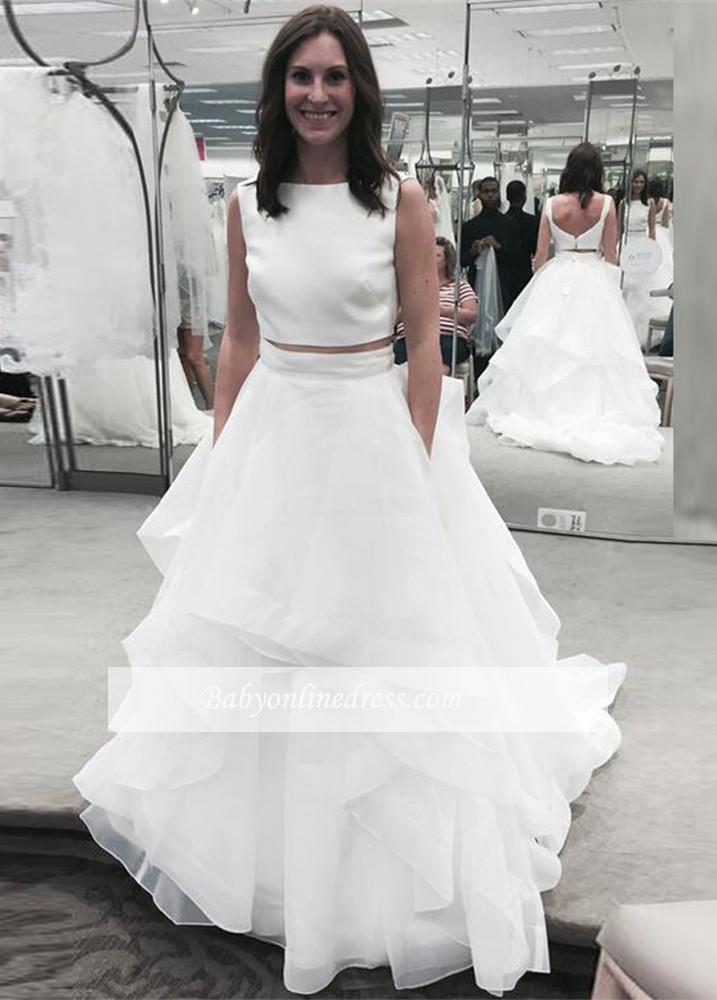 White Two Piece Jewel A-line Bridal Gowns Sleeveless Ruffles Wedding Dress