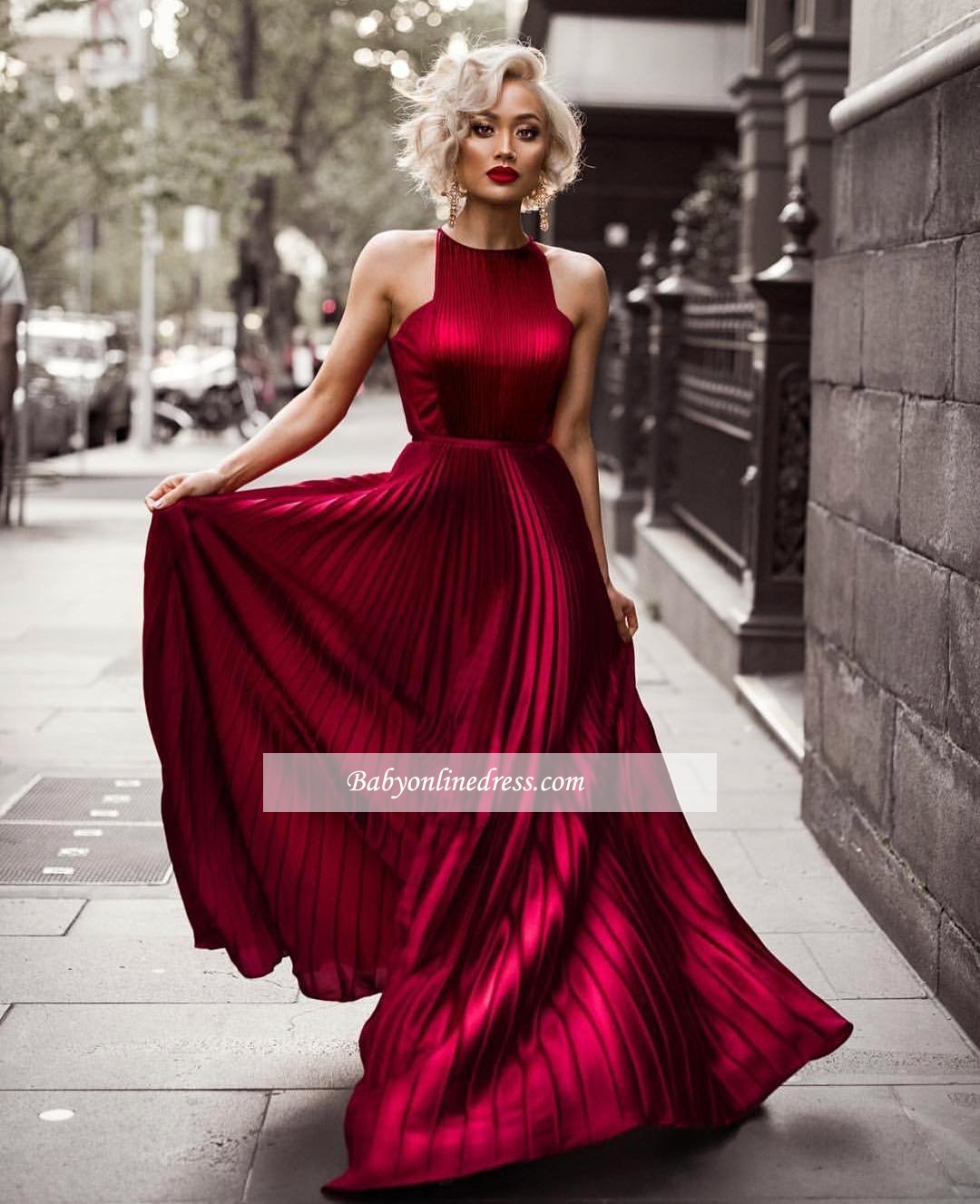 Sheath Burgundy Sleeveless Floor Jewel Dresses Length Pleats Prom Evening Dresses