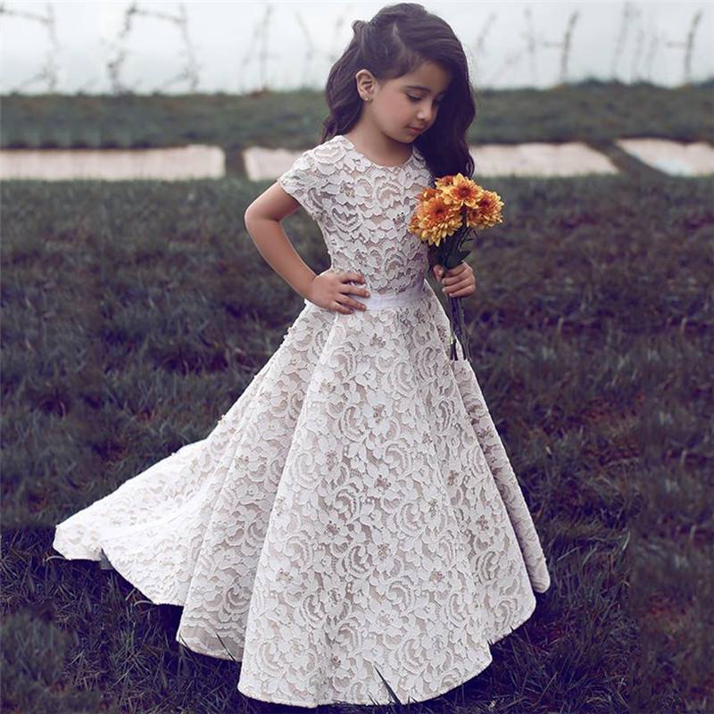 Gorgeous Floor Length Short Sleeves Lace Pageant Dress Flower Girl Dresses